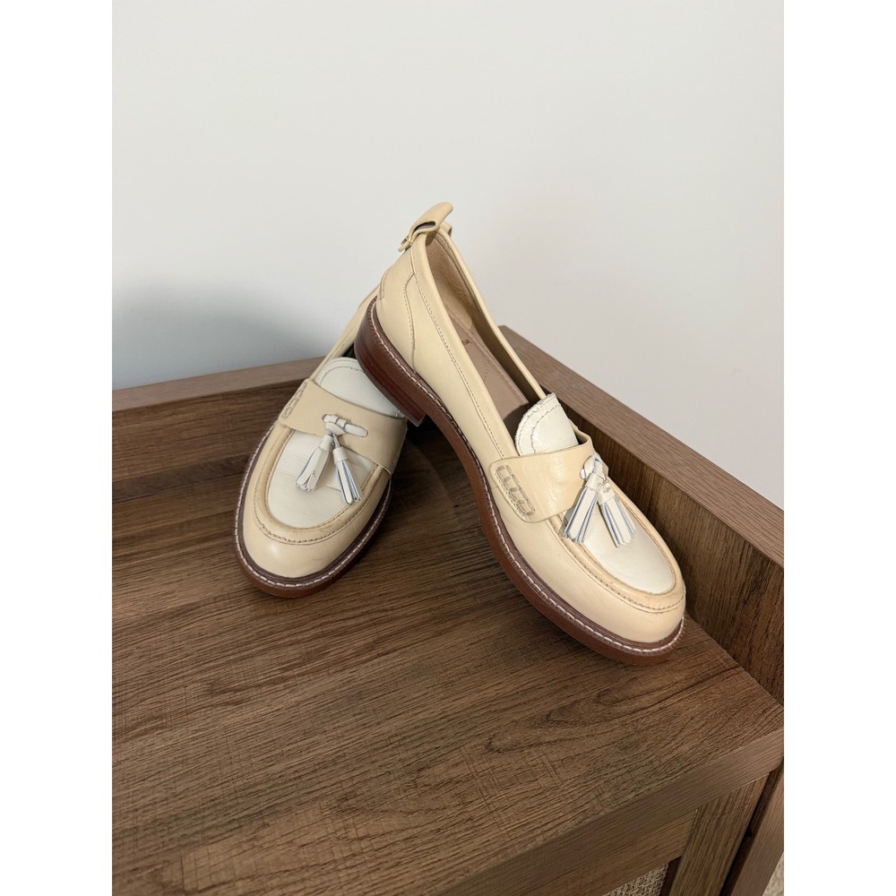 Sam Edelman Women 7M Tassel Loafers Cream White Leather Two Tone Slip On Shoes